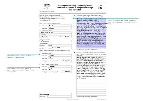 Sample Form 888 Statutory declaration for a Partner or Prospective Marriage visa application